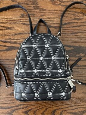 Michael Kors Black Quilted Mini Leather Backpack with White Stitching
